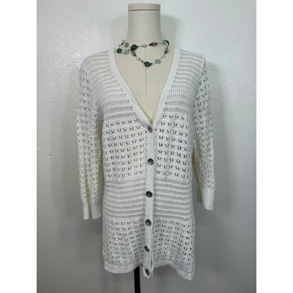 DKNY Women’s Large Cardigan Sweater White Ivory Knit Crochet 3/4 Sleeve cotton